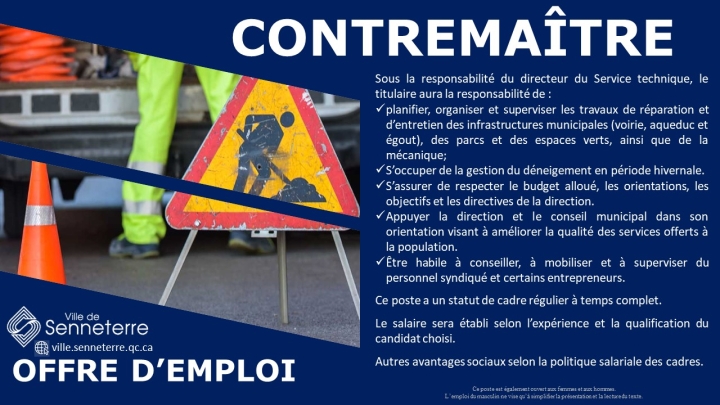 Offre d'emploi - Contremaître du service technique